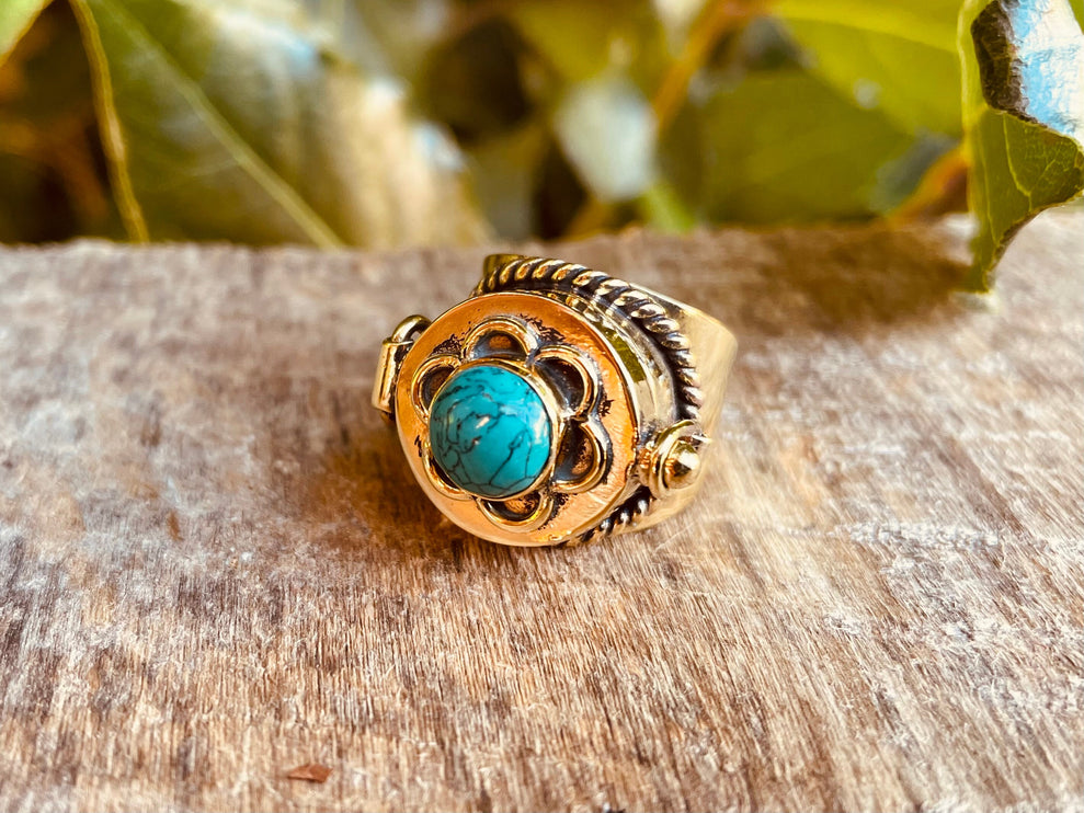 Gold Poison Ring / Brass & Turquoise / Alchemy / Locket Ring / Boho / Bohemian / Rustic / Tribal / Gypsy / Festival / Healing / Festival