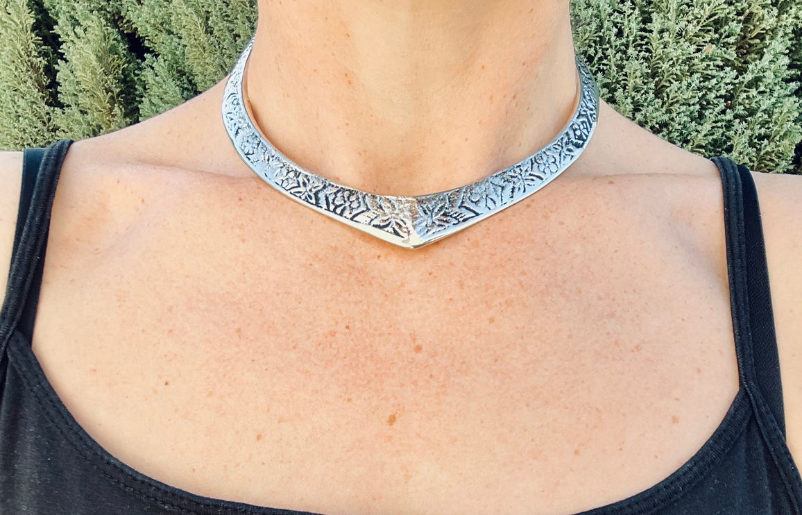 Silver Choker Ethnic Necklace / Rustic / Gypsy / Lightweight / Boho / Tribal / Hippie / Rustic / Vegan / Aztec