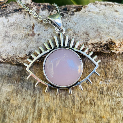 Rose Quartz Necklace Silver Eye of Protection / Third Eye / Hypoallergenic / Brass / Boho / Inca / Ethnic / Hypoallergenic / Illuminati