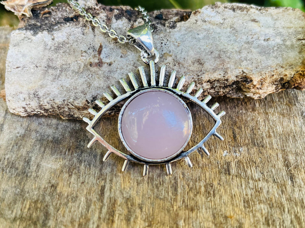 Rose Quartz Necklace Silver Eye of Protection / Third Eye / Hypoallergenic / Brass / Boho / Inca / Ethnic / Hypoallergenic / Illuminati