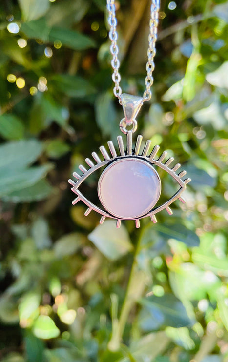 Rose Quartz Necklace Silver Eye of Protection / Third Eye / Hypoallergenic / Brass / Boho / Inca / Ethnic / Hypoallergenic / Illuminati