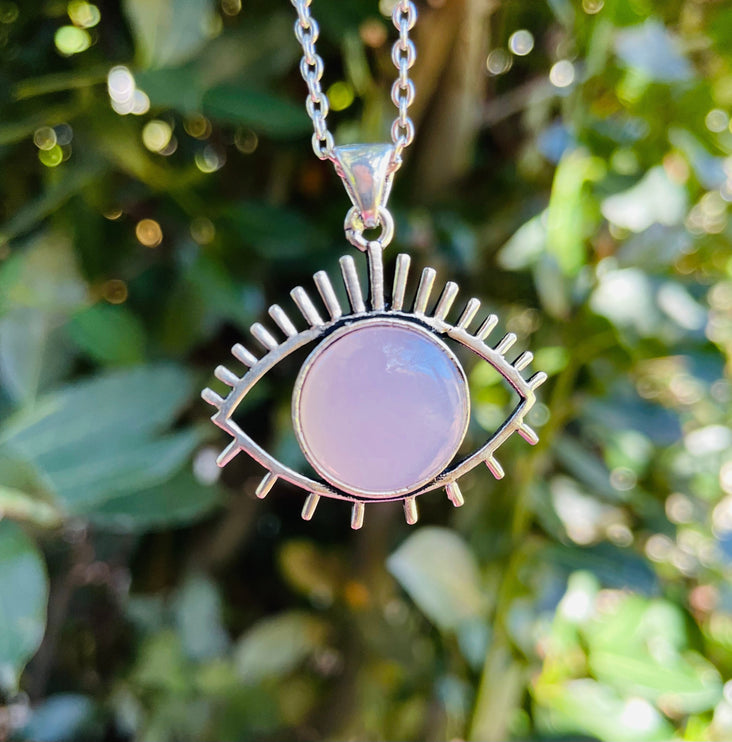 Rose Quartz Necklace Silver Eye of Protection / Third Eye / Hypoallergenic / Brass / Boho / Inca / Ethnic / Hypoallergenic / Illuminati