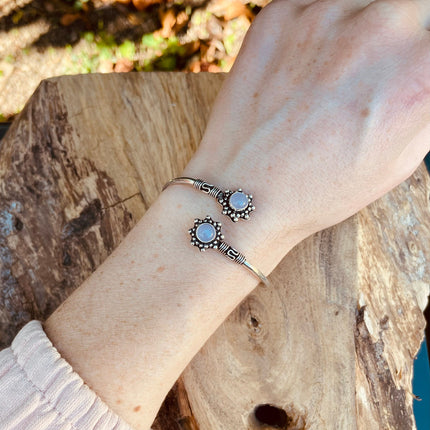 Rose Quartz Bracelet Boho Silver Bangle / Ethnic / Rustic / Bohemian / Hippie / Gypsy / Psy / Adjustable