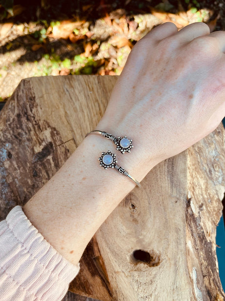 Rose Quartz Bracelet Boho Silver Bangle / Ethnic / Rustic / Bohemian / Hippie / Gypsy / Psy / Adjustable