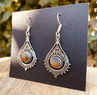Tiger Eye Silver Drop Dangle earrings / Birth Stone / Ethnic / rustic, yoga, hippie, gypsy, pretty, psy, boho, bohemian, festival