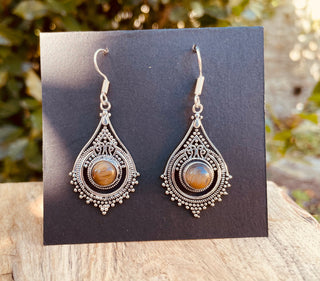 Tiger Eye Silver Drop Dangle earrings / Birth Stone / Ethnic / rustic, yoga, hippie, gypsy, pretty, psy, boho, bohemian, festival