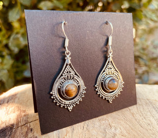Tiger Eye Silver Drop Dangle earrings / Birth Stone / Ethnic / rustic, yoga, hippie, gypsy, pretty, psy, boho, bohemian, festival