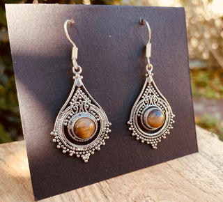 Tiger Eye Silver Drop Dangle earrings / Birth Stone / Ethnic / rustic, yoga, hippie, gypsy, pretty, psy, boho, bohemian, festival