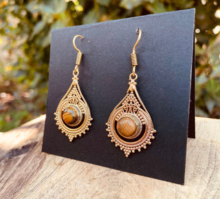 Tiger Eye Gold Dangle earrings / Brass / Birth Stone / Ethnic / rustic, yoga, hippie, gypsy, pretty, psy, boho, bohemian, festival