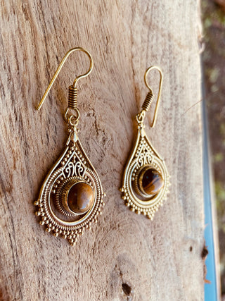 Tiger Eye Gold Dangle earrings / Brass / Birth Stone / Ethnic / rustic, yoga, hippie, gypsy, pretty, psy, boho, bohemian, festival