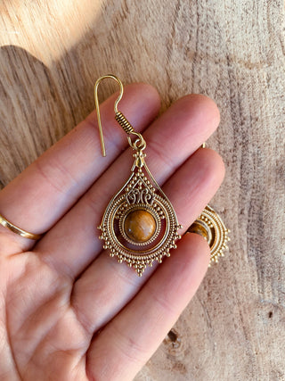 Tiger Eye Gold Dangle earrings / Brass / Birth Stone / Ethnic / rustic, yoga, hippie, gypsy, pretty, psy, boho, bohemian, festival