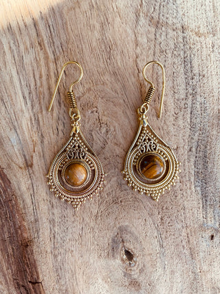 Tiger Eye Gold Dangle earrings / Brass / Birth Stone / Ethnic / rustic, yoga, hippie, gypsy, pretty, psy, boho, bohemian, festival