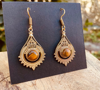 Tiger Eye Gold Dangle earrings / Brass / Birth Stone / Ethnic / rustic, yoga, hippie, gypsy, pretty, psy, boho, bohemian, festival