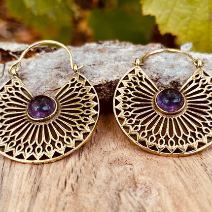 Amethyst Earrings Brass Ethnic, rustic, yoga, hippie, gypsy, pretty, psy, boho, bohemian, festival