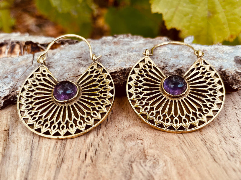 Amethyst Earrings Brass Ethnic, rustic, yoga, hippie, gypsy, pretty, psy, boho, bohemian, festival