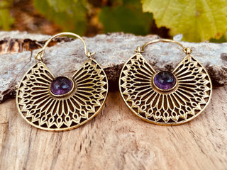 Amethyst Earrings Brass Ethnic, rustic, yoga, hippie, gypsy, pretty, psy, boho, bohemian, festival