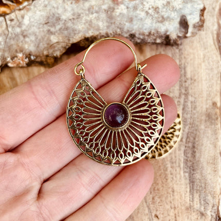 Amethyst Earrings Brass Ethnic, rustic, yoga, hippie, gypsy, pretty, psy, boho, bohemian, festival