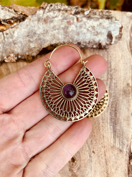 Amethyst Earrings Brass Ethnic, rustic, yoga, hippie, gypsy, pretty, psy, boho, bohemian, festival