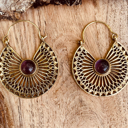 Amethyst Earrings Brass Ethnic, rustic, yoga, hippie, gypsy, pretty, psy, boho, bohemian, festival