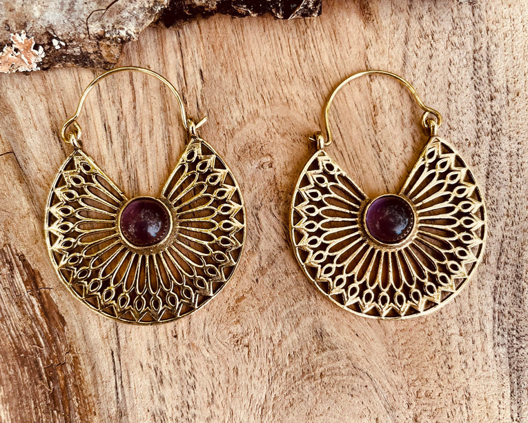 Amethyst Earrings Brass Ethnic, rustic, yoga, hippie, gypsy, pretty, psy, boho, bohemian, festival