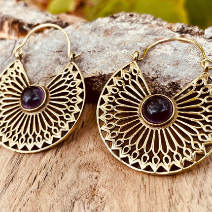 Amethyst Earrings Brass Ethnic, rustic, yoga, hippie, gypsy, pretty, psy, boho, bohemian, festival