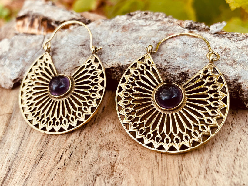 Amethyst Earrings Brass Ethnic, rustic, yoga, hippie, gypsy, pretty, psy, boho, bohemian, festival