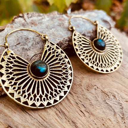 Labradorite & Brass Hoop Earrings Ethnic, rustic, yoga, hippie, gypsy, pretty, psy, boho, bohemian, festival