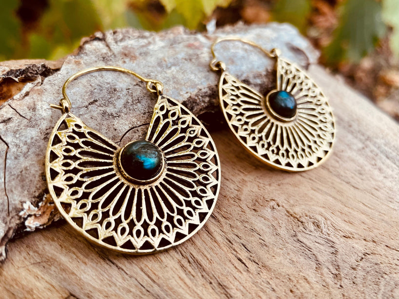 Labradorite & Brass Hoop Earrings Ethnic, rustic, yoga, hippie, gypsy, pretty, psy, boho, bohemian, festival