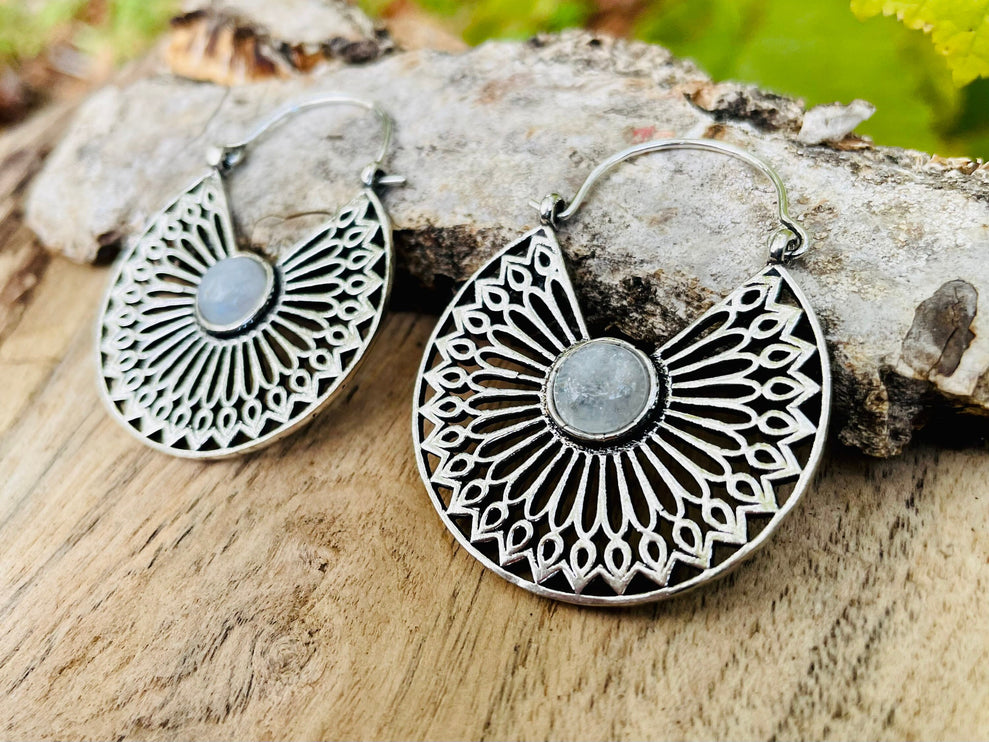 Silver Ethnic Moonstone Earrings Ethnic, rustic, yoga, hippie, gypsy, pretty, psy, boho, bohemian, festival