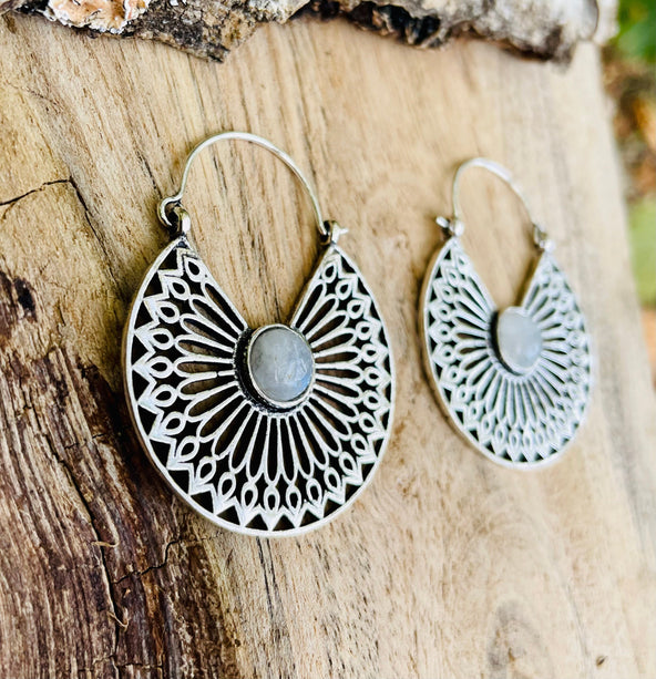 Silver Ethnic Moonstone Earrings Ethnic, rustic, yoga, hippie, gypsy, pretty, psy, boho, bohemian, festival