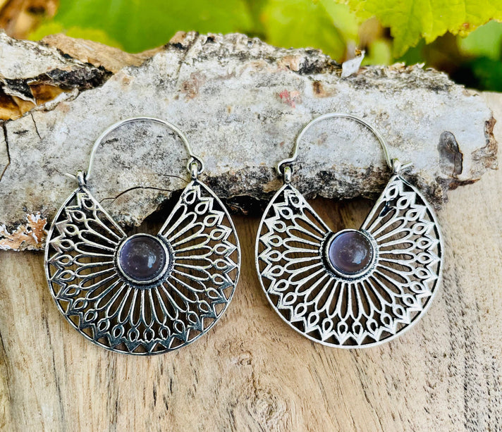Amethyst & Silver Hoop Earrings Ethnic, rustic, yoga, hippie, gypsy, pretty, psy, boho, bohemian, festival