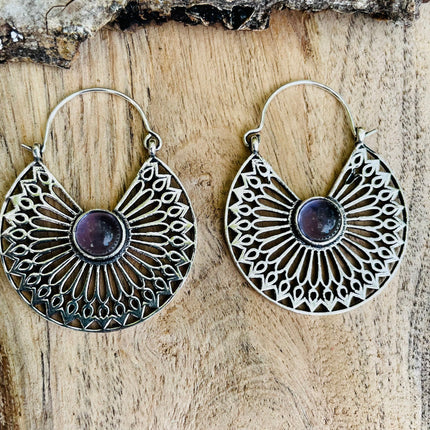 Amethyst & Silver Hoop Earrings Ethnic, rustic, yoga, hippie, gypsy, pretty, psy, boho, bohemian, festival