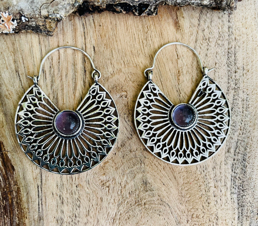 Amethyst & Silver Hoop Earrings Ethnic, rustic, yoga, hippie, gypsy, pretty, psy, boho, bohemian, festival