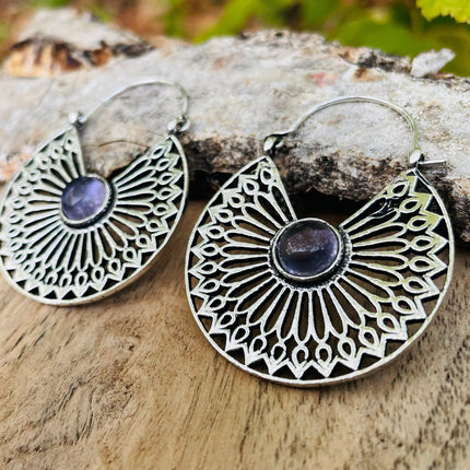 Amethyst & Silver Hoop Earrings Ethnic, rustic, yoga, hippie, gypsy, pretty, psy, boho, bohemian, festival