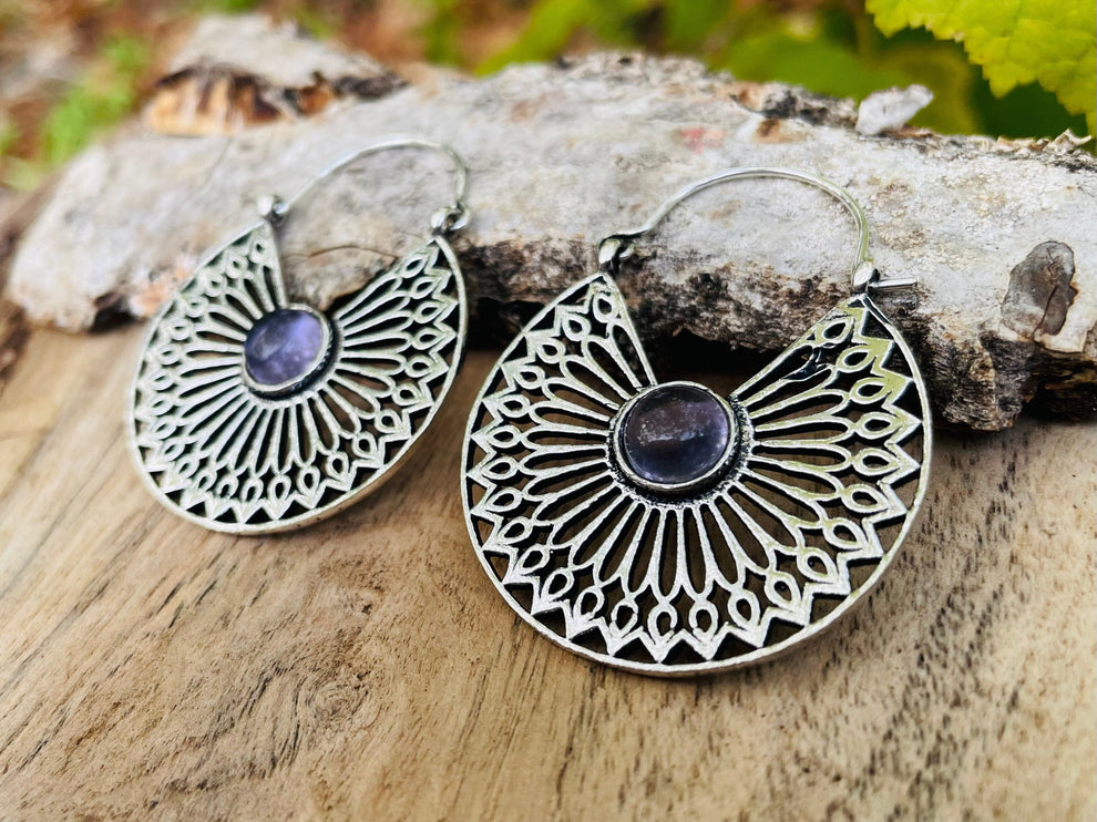 Amethyst & Silver Hoop Earrings Ethnic, rustic, yoga, hippie, gypsy, pretty, psy, boho, bohemian, festival