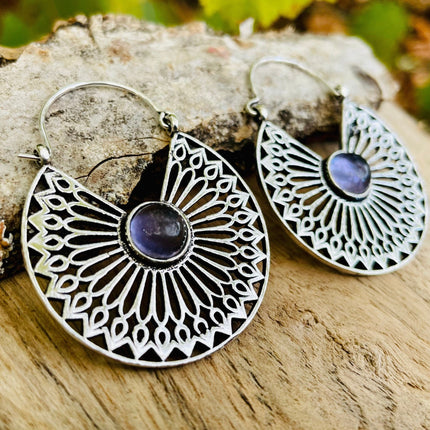 Amethyst & Silver Hoop Earrings Ethnic, rustic, yoga, hippie, gypsy, pretty, psy, boho, bohemian, festival