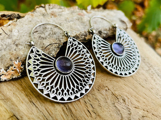 Amethyst & Silver Hoop Earrings Ethnic, rustic, yoga, hippie, gypsy, pretty, psy, boho, bohemian, festival