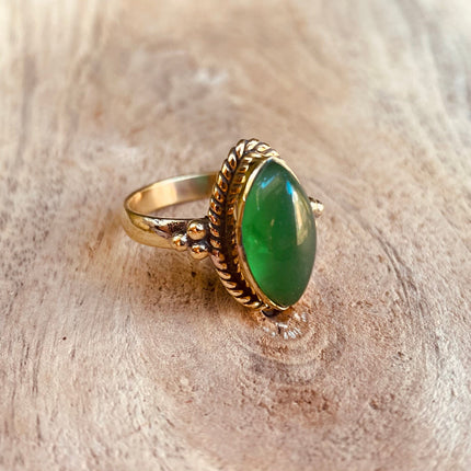 Boho Green Onyx Brass Ring / Pretty / Ethnic / Rustic / Festival / Tribal / Blue / Hippie / Gypsy / Psy / Stone / Healing