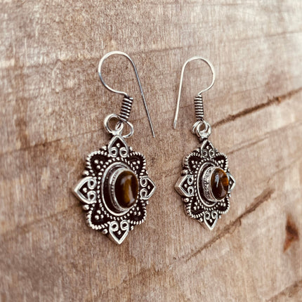 Small Silver Tiger Eye Pendant earrings Drop Dangle / Birth Stone / Ethnic / rustic, hippie, gypsy, pretty, psy, boho, bohemian, festival