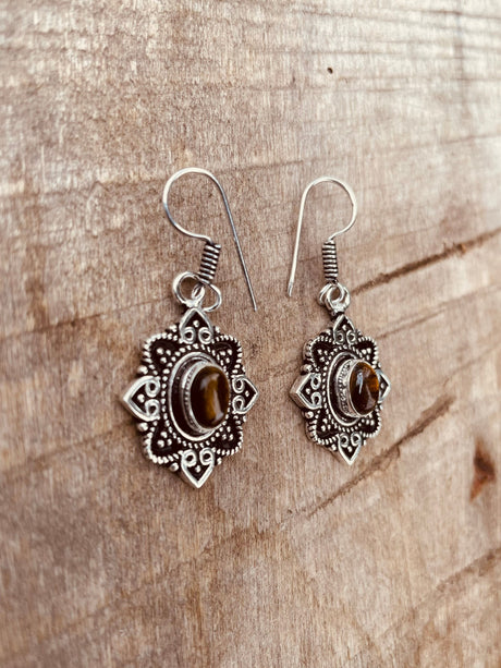 Small Silver Tiger Eye Pendant earrings Drop Dangle / Birth Stone / Ethnic / rustic, hippie, gypsy, pretty, psy, boho, bohemian, festival