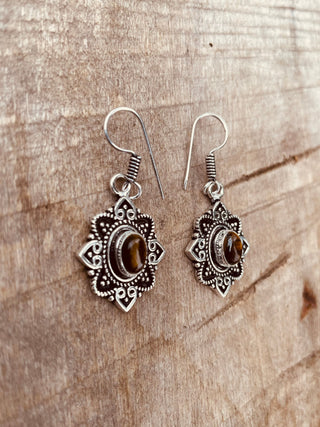 Small Silver Tiger Eye Pendant earrings Drop Dangle / Birth Stone / Ethnic / rustic, hippie, gypsy, pretty, psy, boho, bohemian, festival