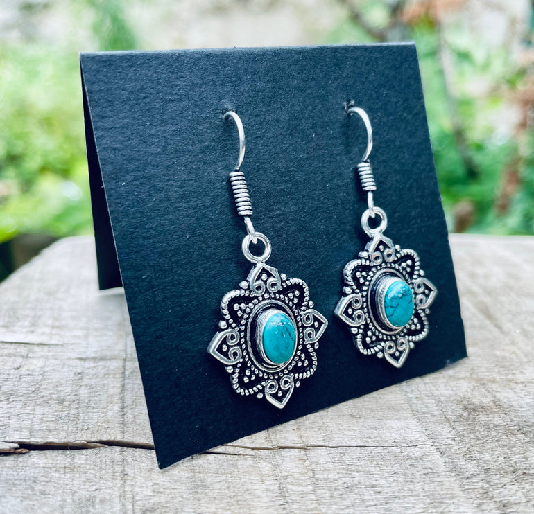 Small Turquoise Silver Drop Dangle earrings / Birth Stone / Ethnic / rustic, yoga, hippie, gypsy, pretty, psy, boho, bohemian, festival