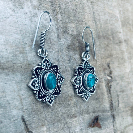 Small Turquoise Silver Drop Dangle earrings / Birth Stone / Ethnic / rustic, yoga, hippie, gypsy, pretty, psy, boho, bohemian, festival
