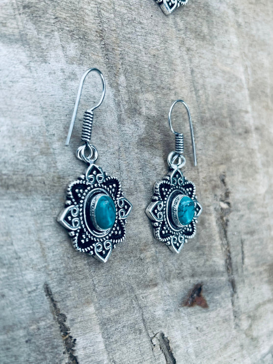 Small Turquoise Silver Drop Dangle earrings / Birth Stone / Ethnic / rustic, yoga, hippie, gypsy, pretty, psy, boho, bohemian, festival