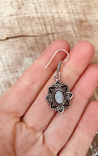 Small Silver Moonstone Earrings Drop Dangle / Birth Stone / Ethnic / rustic, yoga, hippie, gypsy, pretty, psy, boho, bohemian, festival