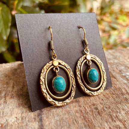 Turquoise Earrings Dangle Brass Ethnic, rustic, yoga, hippie, gypsy, pretty, psy, boho, bohemian, festival