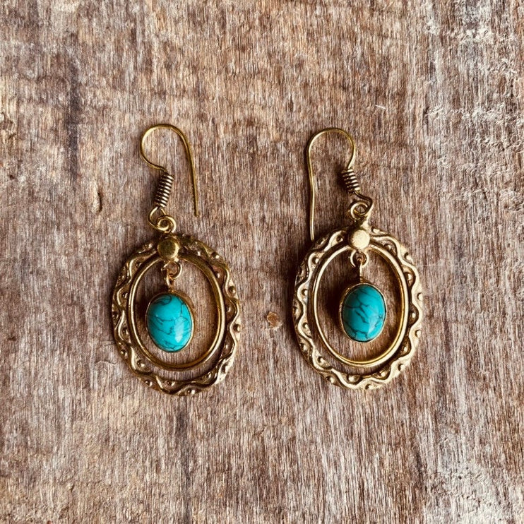 Turquoise Earrings Dangle Brass Ethnic, rustic, yoga, hippie, gypsy, pretty, psy, boho, bohemian, festival