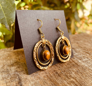 Tiger Eye Earrings Dangle Brass Ethnic, rustic, yoga, hippie, gypsy, pretty, psy, boho, bohemian, festival