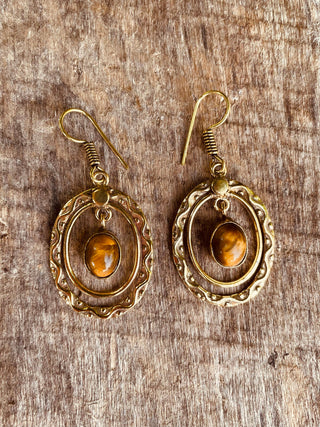 Tiger Eye Earrings Dangle Brass Ethnic, rustic, yoga, hippie, gypsy, pretty, psy, boho, bohemian, festival