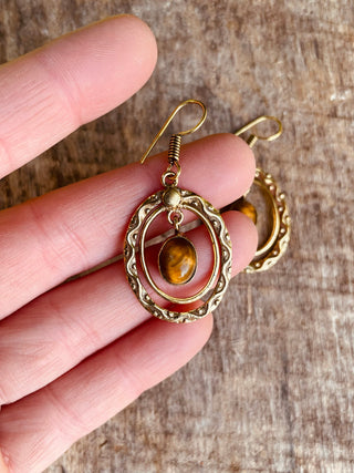 Tiger Eye Earrings Dangle Brass Ethnic, rustic, yoga, hippie, gypsy, pretty, psy, boho, bohemian, festival